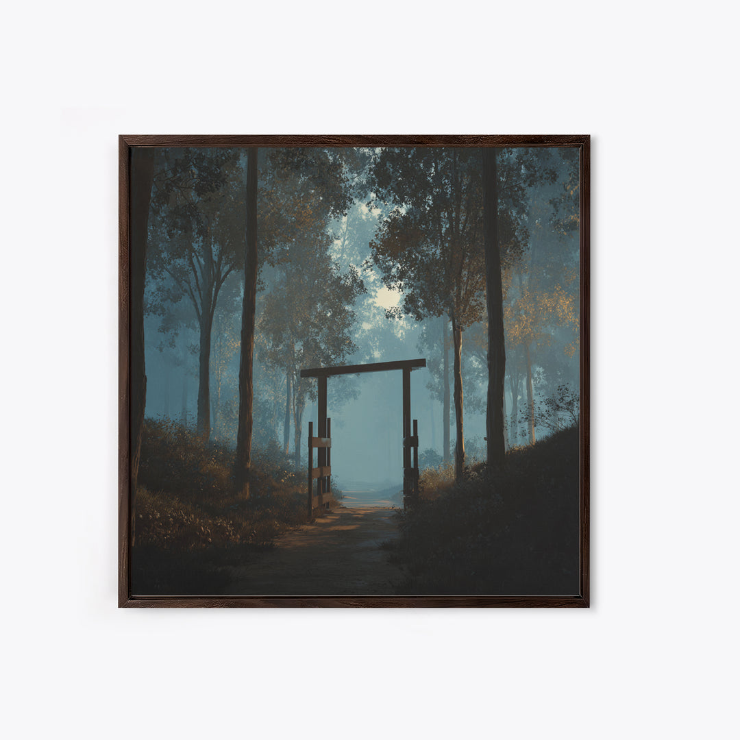 Moody Forest Gate Landscape Wall Art, Misty Woodland Path Canvas Print, Calming Nature Painting For Rustic Home Or Bedroom Decor
