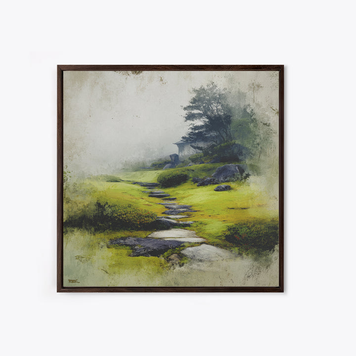 Misty Stone Path Garden Landscape Wall Art, Serene Zen Canvas Print, Wabi Sabi Nature Home Decor, Calming Wall Art