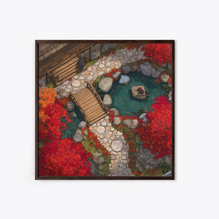 Autumn Japanese Garden Bridge Aerial Landscape Wall Art, Red Maple Trees Zen Pathway Canvas Print