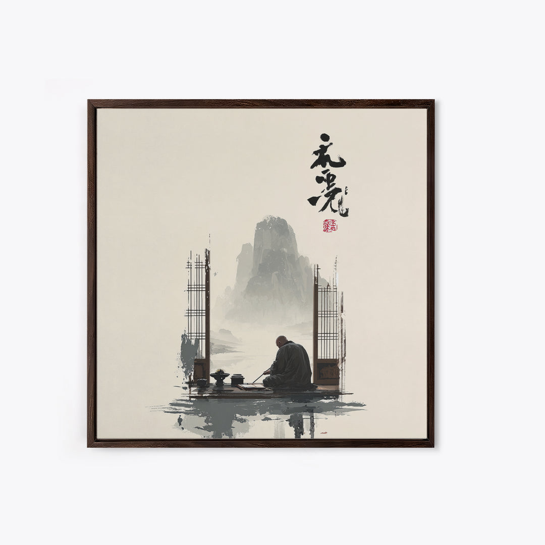 Zen Monk By Mountain Lake Wall Art, Minimalist Japanese Landscape Canvas Print, Calming Neutral Home Decor