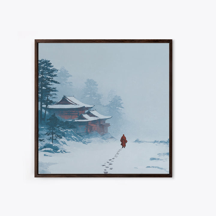 Solitary Monk Walking To Temple In Snow Wall Art, Minimalist Japanese Landscape Print, Tranquil Zen Home Decor