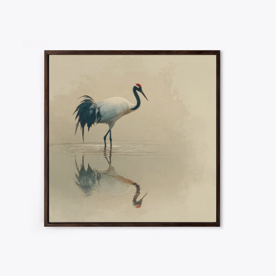 Elegant Red Crowned Crane Wall Art Print, Minimalist Japanese Bird Painting, Neutral Nature Canvas Print For Japandi Style Living Room Decor
