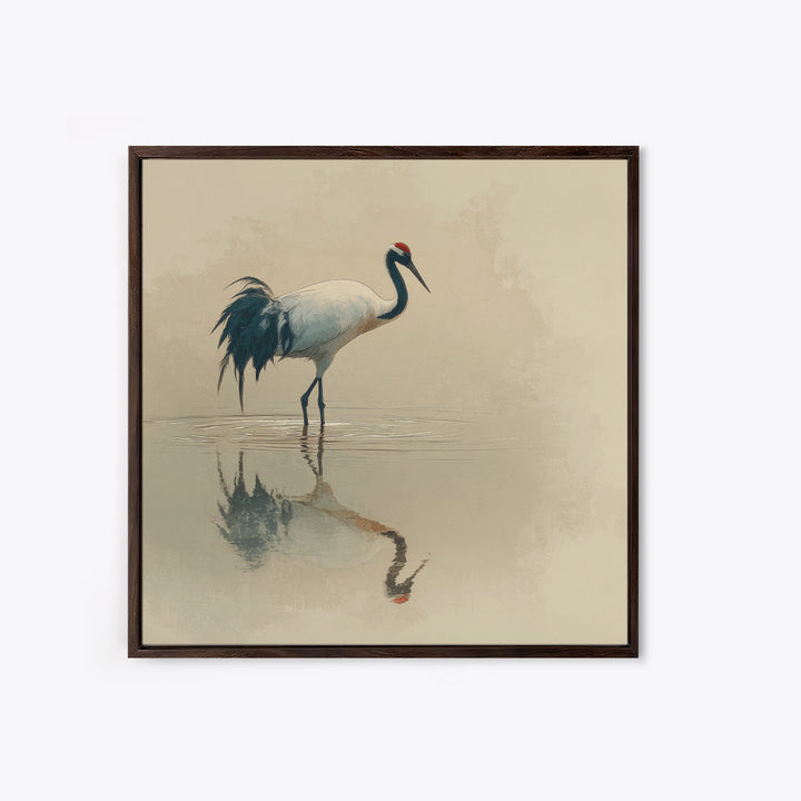 Elegant Red Crowned Crane Wall Art Print, Minimalist Japanese Bird Painting, Neutral Nature Canvas Print For Japandi Style Living Room Decor