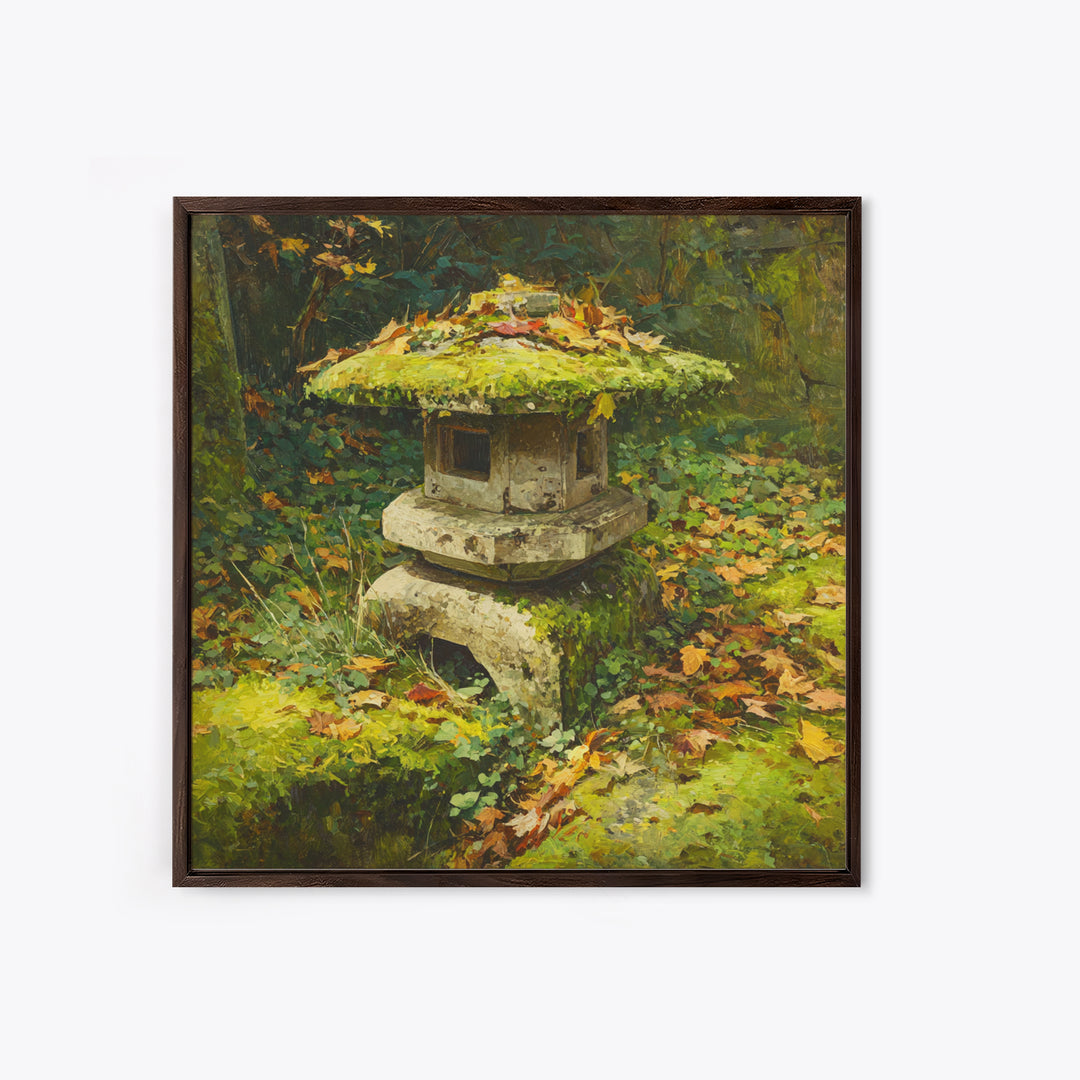Japanese Garden Lantern Wall Art, Mossy Stone Sculpture Print, Tranquil Nature Decor, Wabi Sabi Garden Wall Art