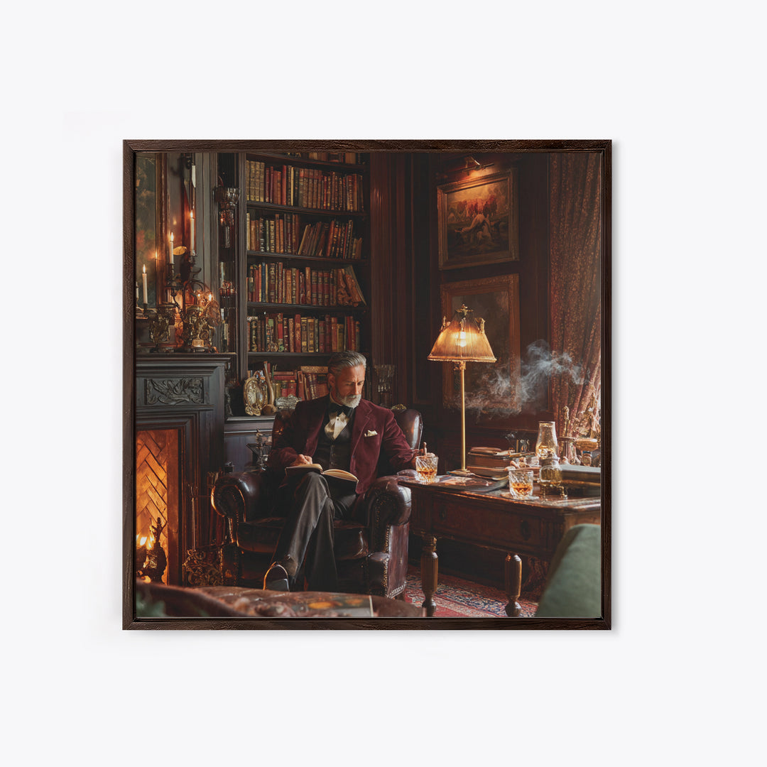Elegant Gentleman Reading By Fireplace Framed Canvas Print, Dark Academia Library Wall Art, Old World Office Decor Gift For Him