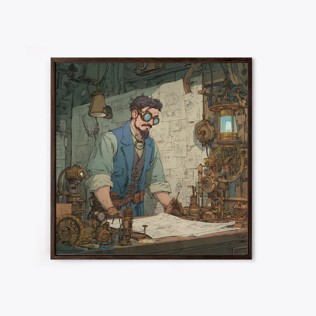 Steampunk Inventor Drafting Blueprints Canvas Print, Industrial Office Wall Art, Mechanical Workshop Decor, Gift For Him
