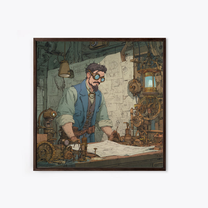 Steampunk Inventor Drafting Blueprints Canvas Print, Industrial Office Wall Art, Mechanical Workshop Decor, Gift For Him