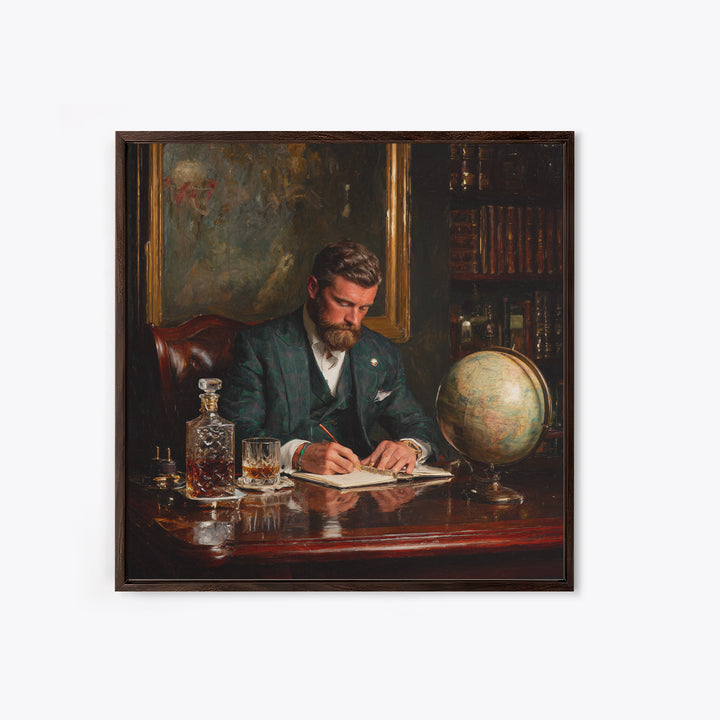 Bearded Gentleman Journaling In Moody Library Framed Canvas Print, Dark Academia Wall Art, Office Decor, Gift For Him, Masculine Decor