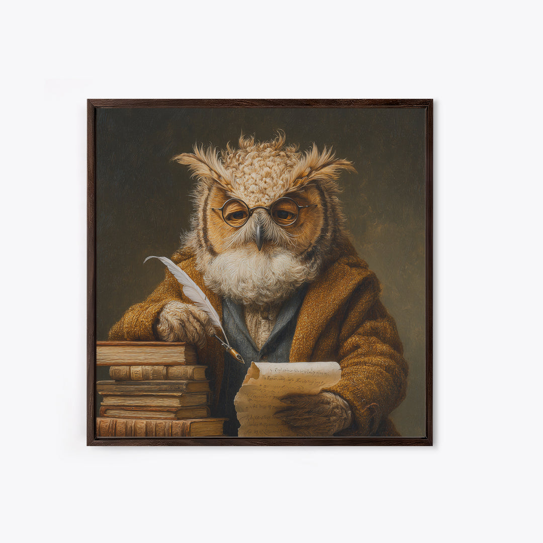 Whimsical Owl Scholar With Quill And Books Wall Art, Animal Portrait Canvas, Dark Academia Decor, Library Gift, Book Lover Gift