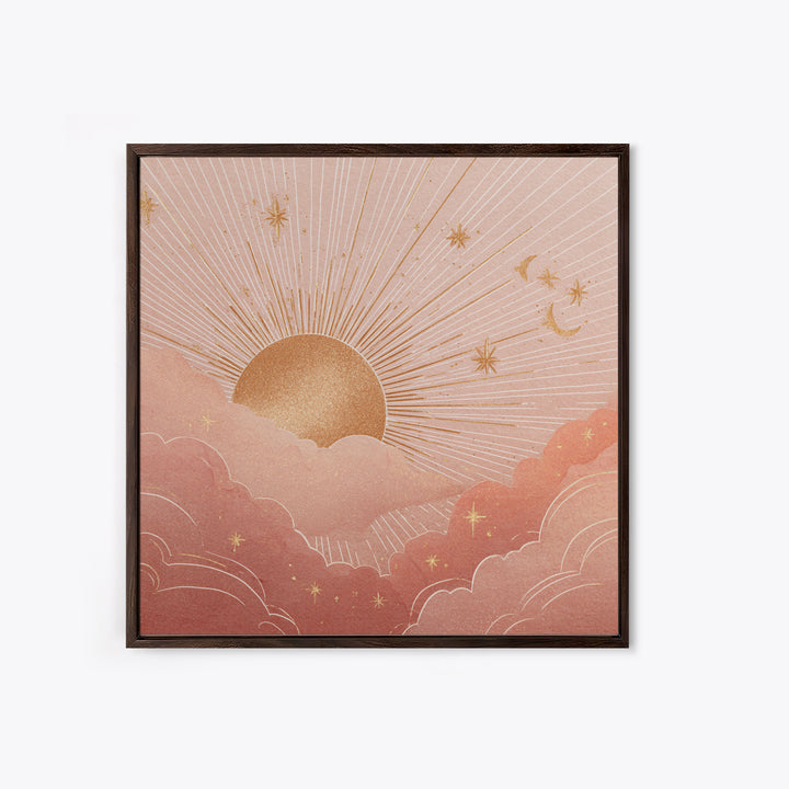 Boho Golden Sun Over Pink Clouds Wall Art, Celestial Sun And Moon Print, Warm Neutral Nursery Decor, Above Bed Decor Gift