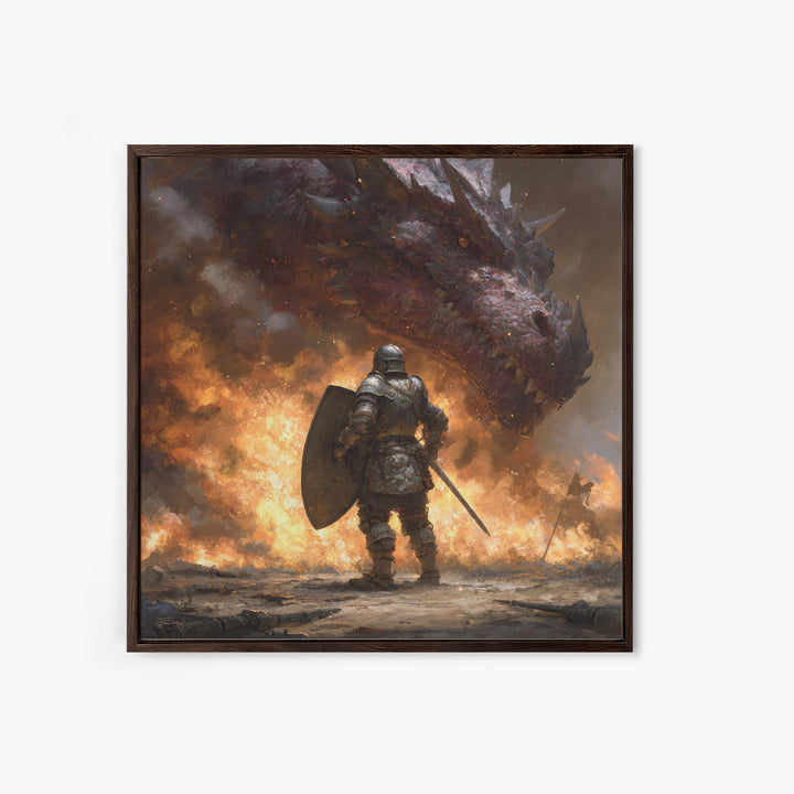 Armored Knight Facing Dragon Framed Canvas Print, Dark Fantasy Wall Art, Medieval Fire Battle Decor, Gamer Gift For Him, Dragon Art