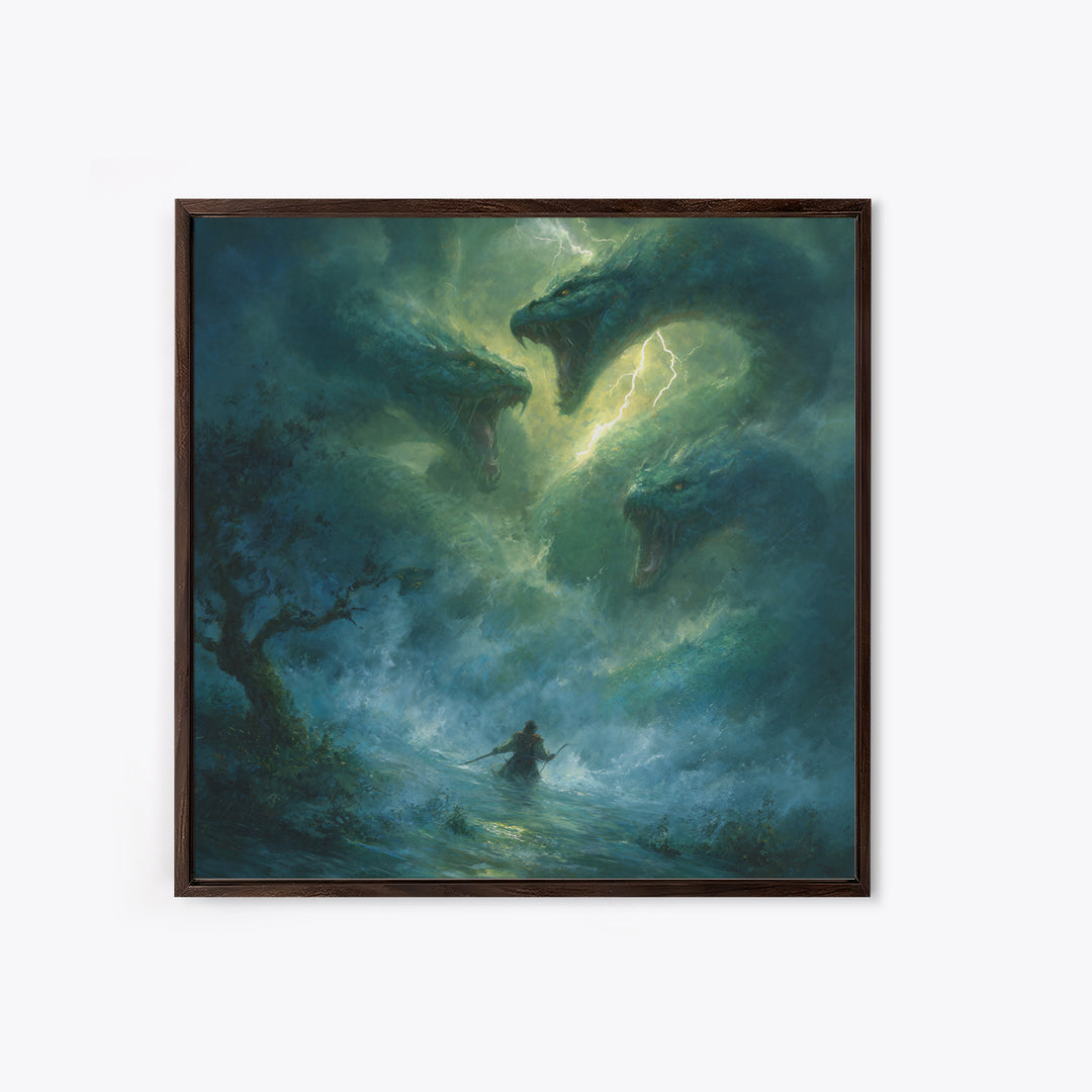Three Headed Sea Serpent Storm Wall Art, Dark Fantasy Canvas Print, Mythical Creature Decor, Dragon Art Gift For Him, Epic Battle