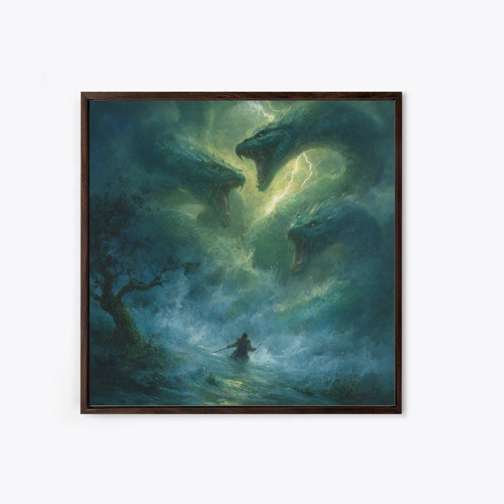 Three Headed Sea Serpent Storm Wall Art, Dark Fantasy Canvas Print, Mythical Creature Decor, Dragon Art Gift For Him, Epic Battle