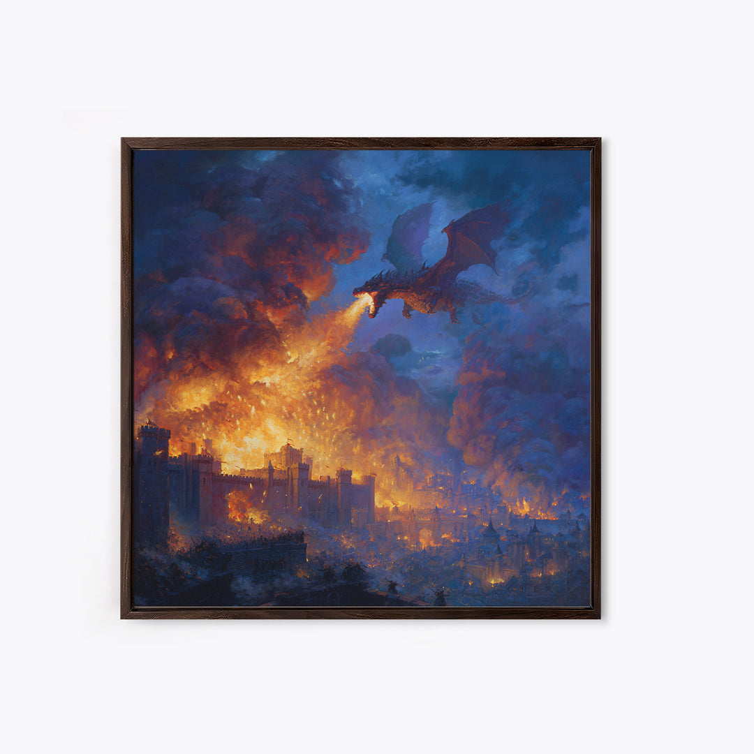 Fire Breathing Dragon Over Burning City Wall Art, Dark Fantasy Canvas Print, Medieval Castle Decor, Epic Gamer Gift For Him
