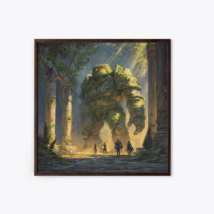 Moss Covered Forest Golem Ruins Wall Art, Fantasy Canvas Print, Whimsical Adventure Decor, Magical Woodland Artwork For Game Room