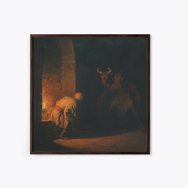 Candlelit Dungeon Demon Encounter Wall Art, Dark Fantasy Canvas Print, Gothic Horror Decor, Medieval Monster Artwork For Study