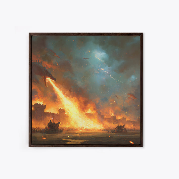 Fire Breathing Dragon Siege Wall Art, Epic Fantasy Canvas Print, Medieval Castle Battle Decor, Dramatic Game Room Artwork