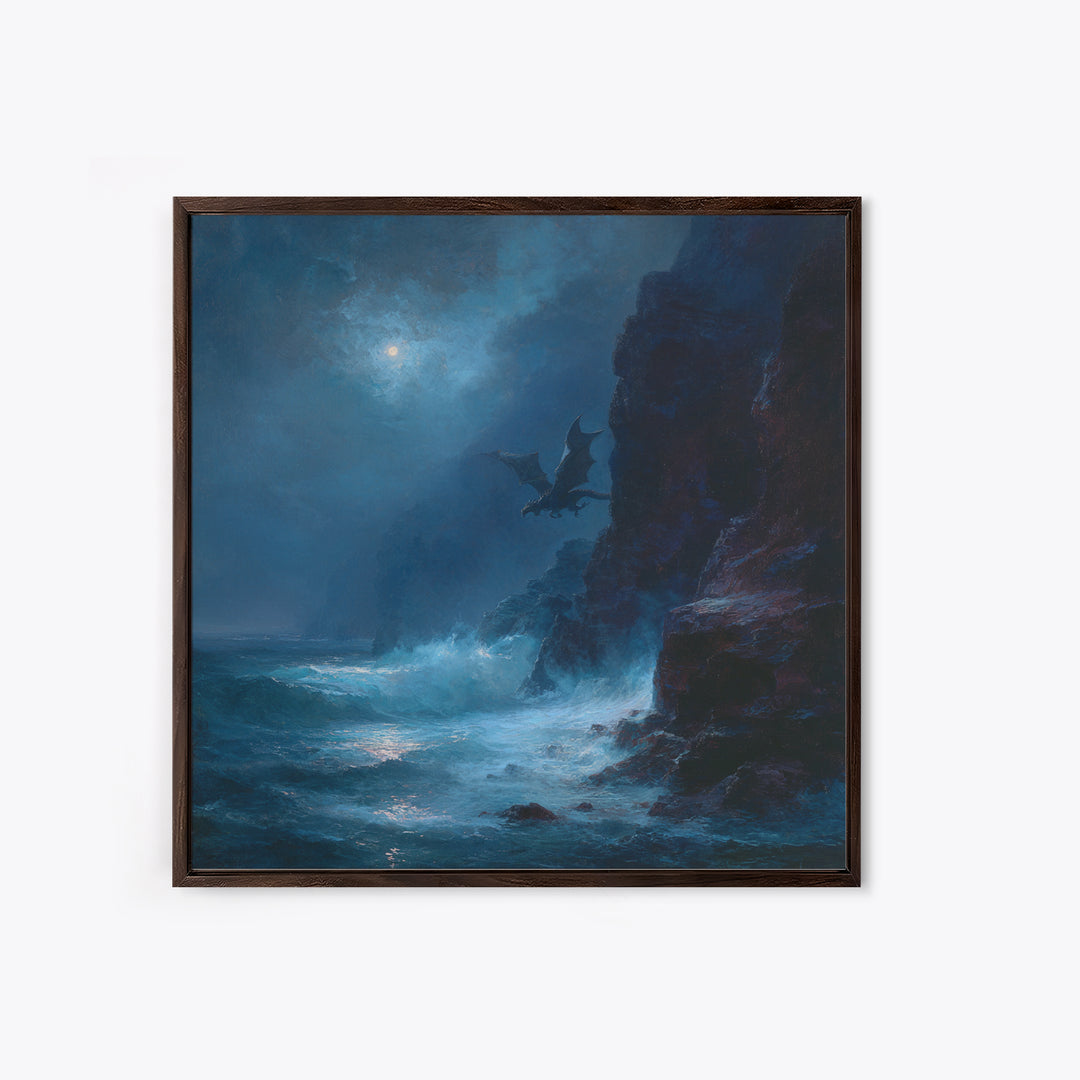 Moonlit Dragon Over Stormy Sea Cliffs Wall Art, Fantasy Seascape Canvas Print, Moody Coastal Decor, Gothic Ocean Artwork