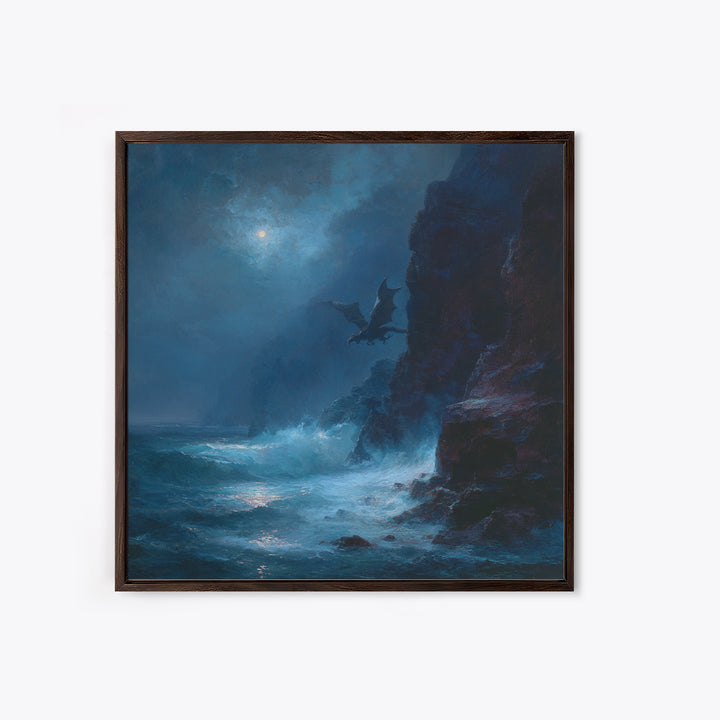 Moonlit Dragon Over Stormy Sea Cliffs Wall Art, Fantasy Seascape Canvas Print, Moody Coastal Decor, Gothic Ocean Artwork