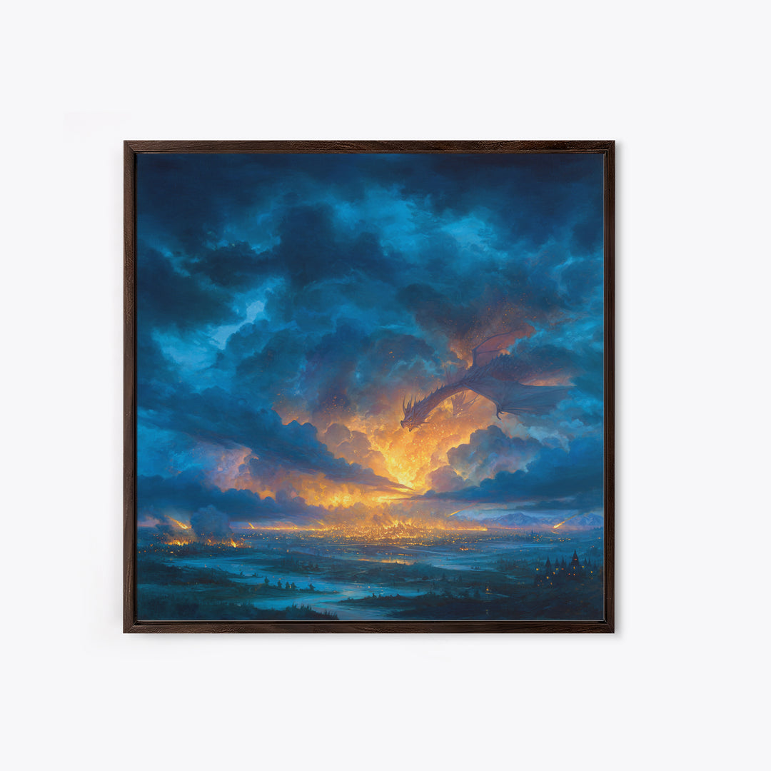 Storm Cloud Dragon Above Glowing Kingdom Wall Art, Fantasy Landscape Canvas Print, Dramatic Sky Decor, Epic Castle Artwork