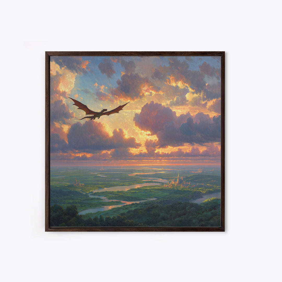 Soaring Dragon Sunset Valley Wall Art, Fantasy Landscape Canvas Print, Castle Kingdom Decor, Dreamy Adventure Artwork For Living Room