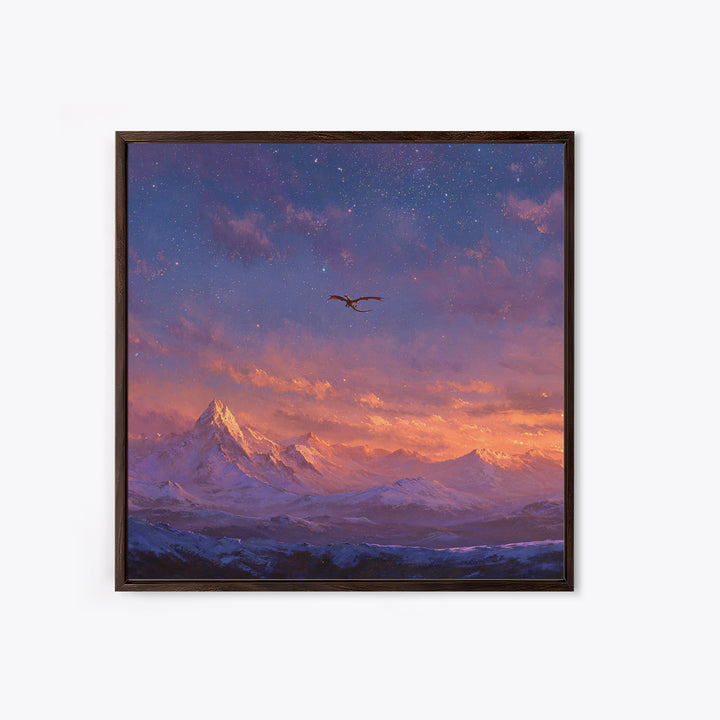 Starry Mountain Dragon Flight Wall Art, Fantasy Canvas Print, Snowy Alpine Landscape Decor, Celestial Adventure Artwork For Bedroom