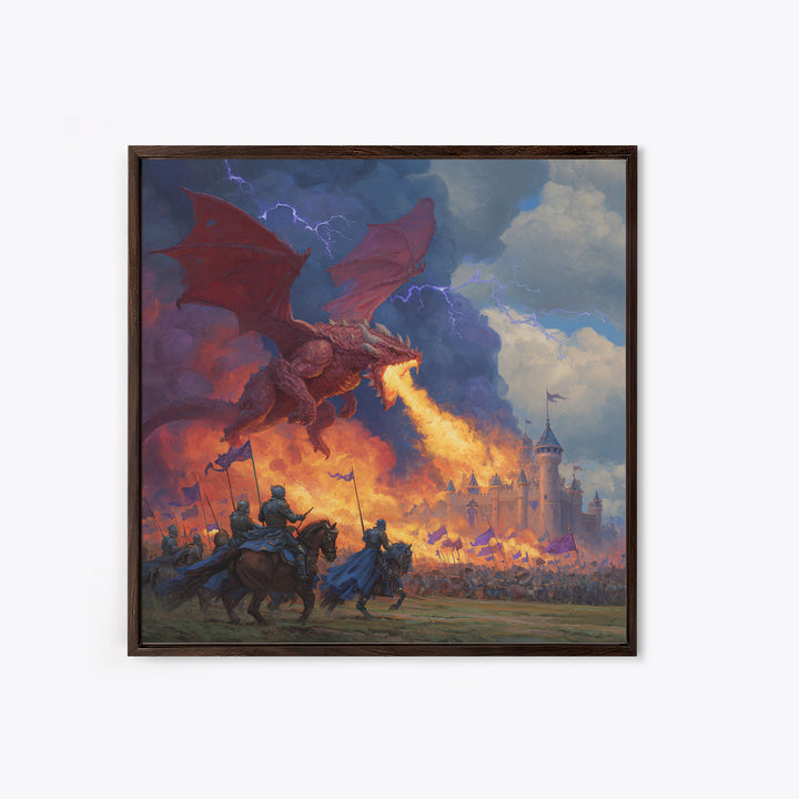 Red Dragon Castle Siege Wall Art, Epic Fantasy Framed Canvas Print, Medieval Battle Decor, Knight Adventure Game Room Artwork