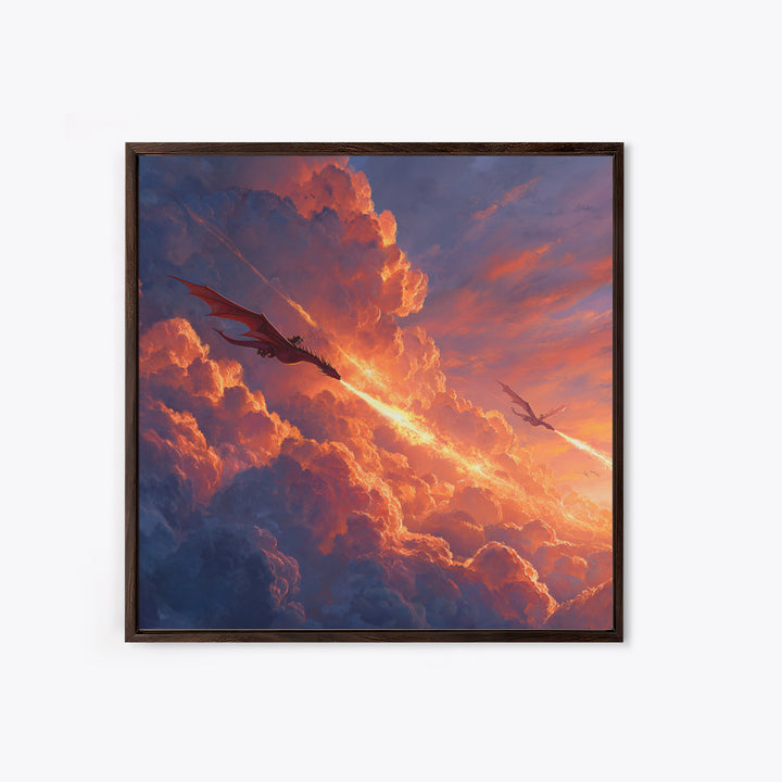 Dragons Blazing Through Sunset Clouds Wall Art, Fantasy Canvas Print, Fiery Sky Decor, Epic Mythical Adventure Artwork For Office