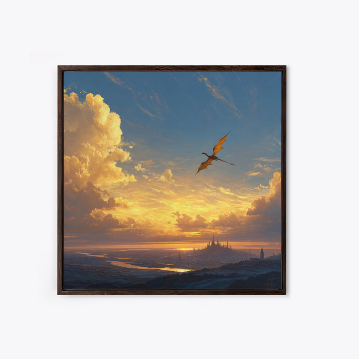 Lone Dragon Over Golden Horizon Wall Art, Fantasy Landscape Canvas Print, Sunset Castle Decor, Serene Coastal Artwork For Living Room