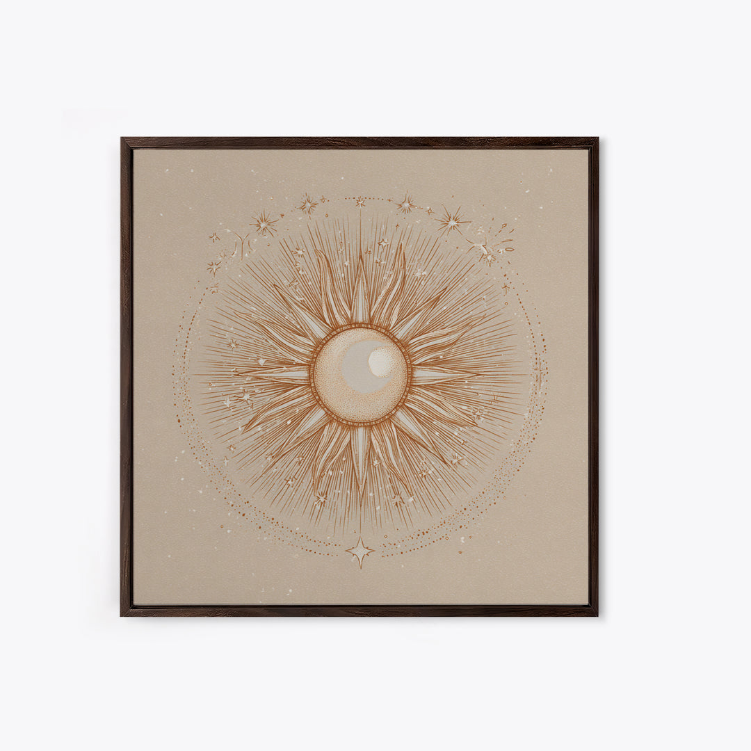 Celestial Sunburst Moon Line Art Framed Canvas Print, Neutral Boho Wall Art, Mystical Minimalist Bedroom Decor, Above Bed Decor