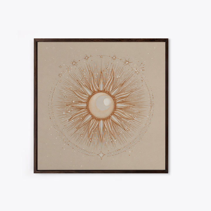 Celestial Sunburst Moon Line Art Framed Canvas Print, Neutral Boho Wall Art, Mystical Minimalist Bedroom Decor, Above Bed Decor