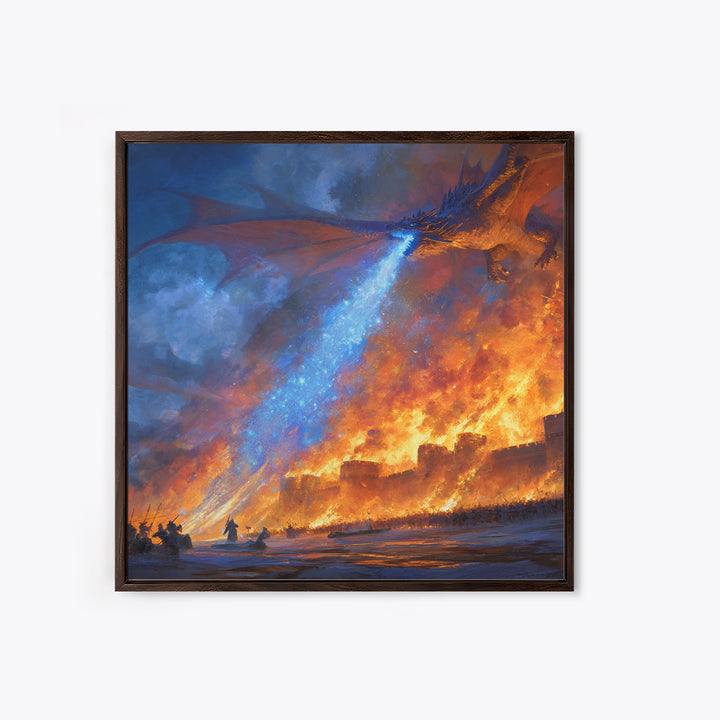 Blue Fire Dragon Siege Wall Art, Epic Fantasy Canvas Print, Medieval Castle Battle Decor, Large Gamer Room Wall Decor Gift For Him