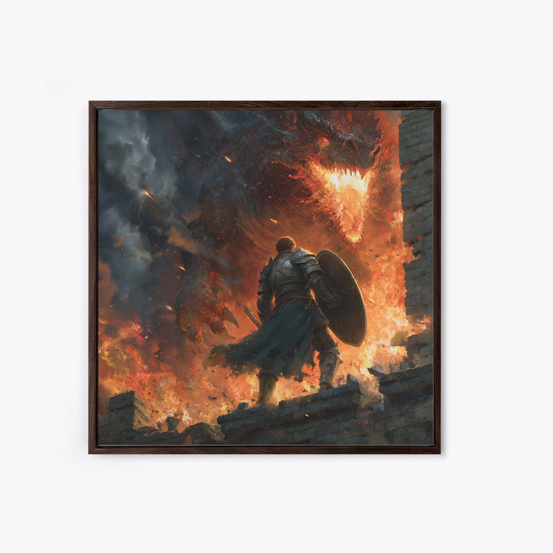 Knight Facing Fire Dragon Wall Art, Dark Fantasy Canvas Print, Medieval Battle Decor, Large Gothic Gamer Room Gift For Him