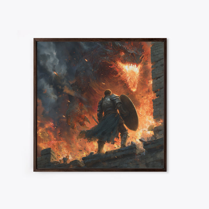 Knight Facing Fire Dragon Wall Art, Dark Fantasy Canvas Print, Medieval Battle Decor, Large Gothic Gamer Room Gift For Him