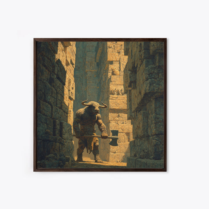 Minotaur In Ancient Stone Alley Wall Art, Mythological Fantasy Canvas Print, Rustic Medieval Decor, Man Cave Gift For Him