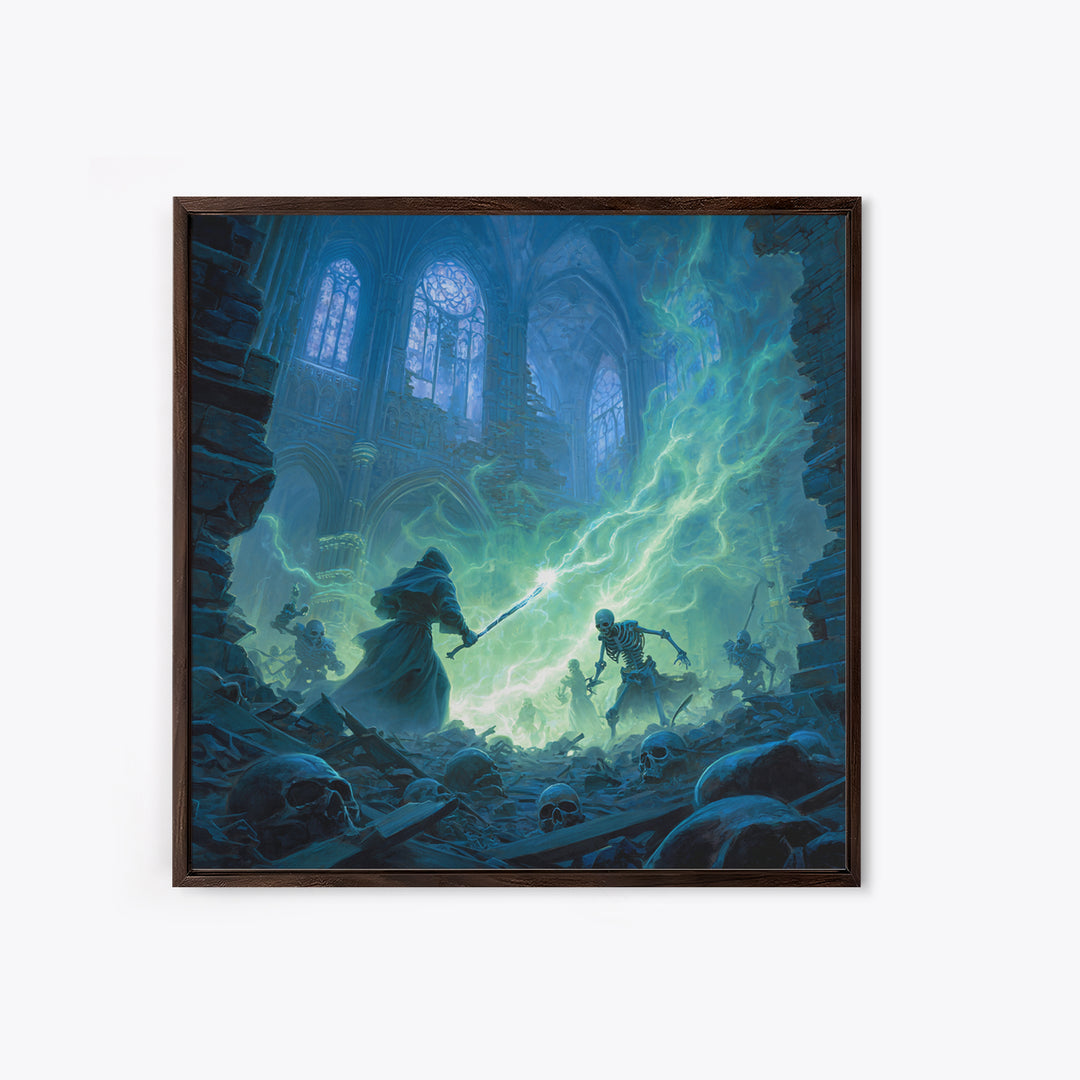 Wizard Versus Skeleton Army Wall Art, Gothic Fantasy Canvas Print, Dark Cathedral Magic Decor, Spooky Halloween Gift For Him