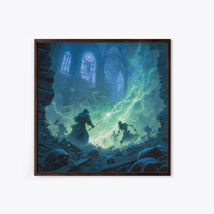 Wizard Versus Skeleton Army Wall Art, Gothic Fantasy Canvas Print, Dark Cathedral Magic Decor, Spooky Halloween Gift For Him