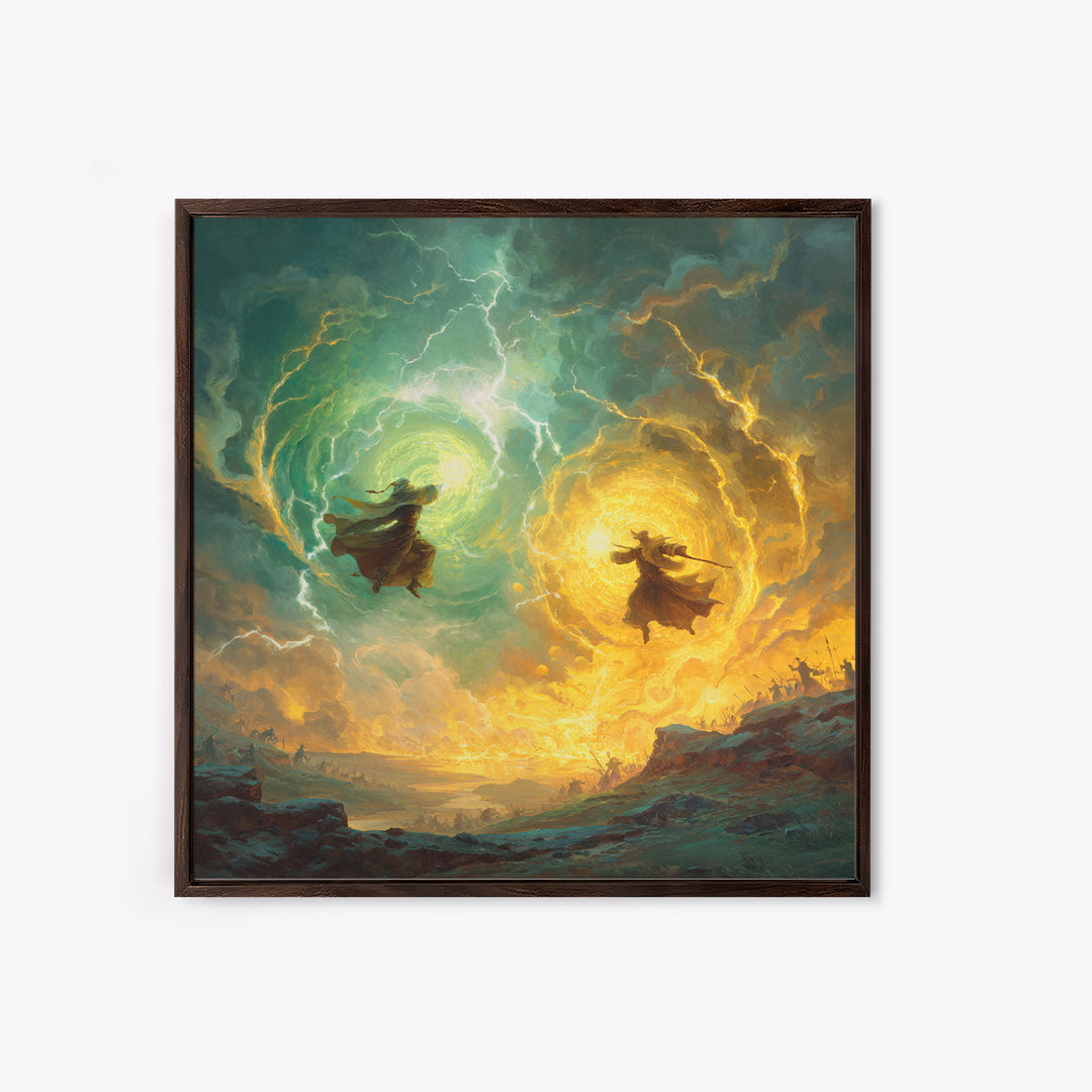 Dueling Mages With Lightning Portals Wall Art, Epic Fantasy Canvas Print, Magical Landscape Decor, Large Gamer Room Gift For Him