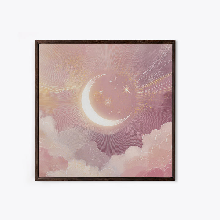 Crescent Moon In Pink Clouds With Stars Wall Art, Celestial Nursery Decor, Mystical Pastel Bedroom Print, Boho Moon Gift