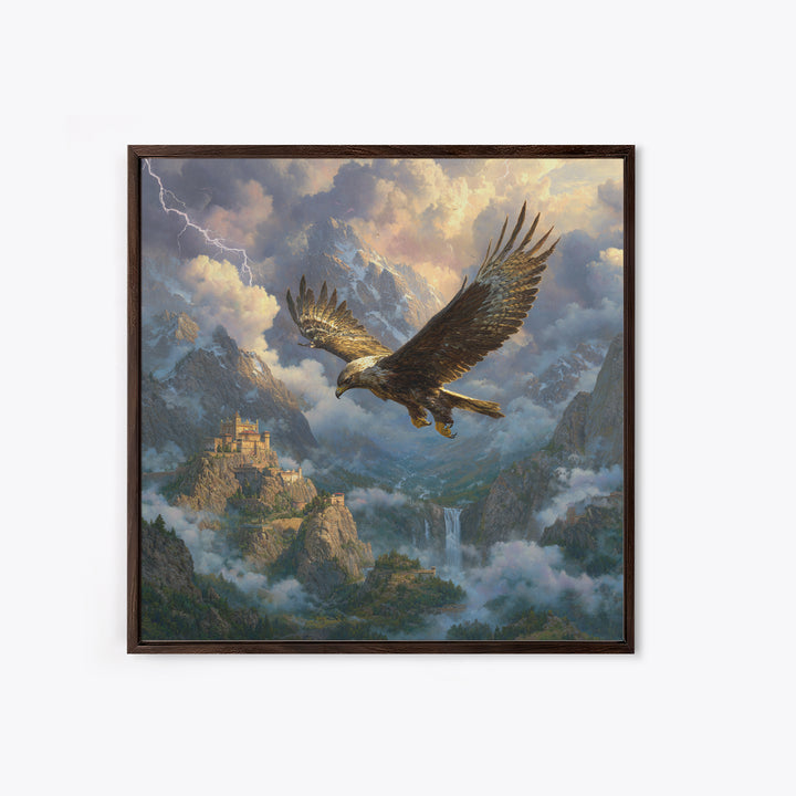 Soaring Eagle Over Stormy Mountain Castle Wall Art, Fantasy Landscape Canvas, Dramatic Wildlife Decor, Epic Gift For Him