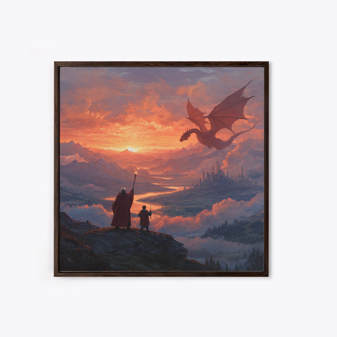Sunset Dragon Over Mountain Valley Framed Canvas Print, Fantasy Castle Wall Art, Wizard Adventure Decor, Epic Gift For Him