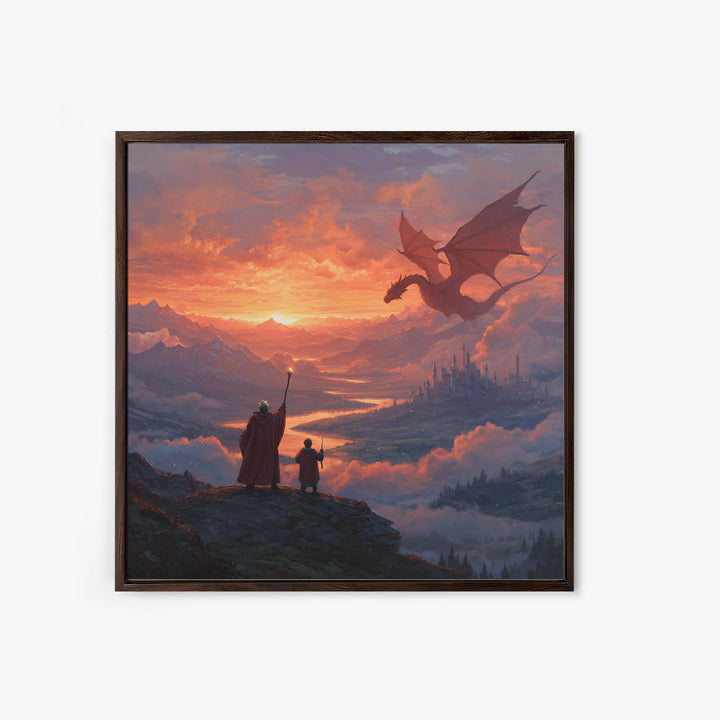 Sunset Dragon Over Mountain Valley Framed Canvas Print, Fantasy Castle Wall Art, Wizard Adventure Decor, Epic Gift For Him