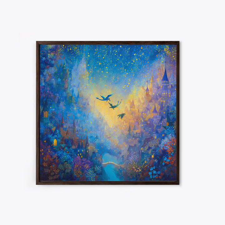 Blue Enchanted City With Golden Stars Canvas Print, Whimsical Fairy Tale Wall Art, Fantasy Castle Decor, Magical Gift For Her