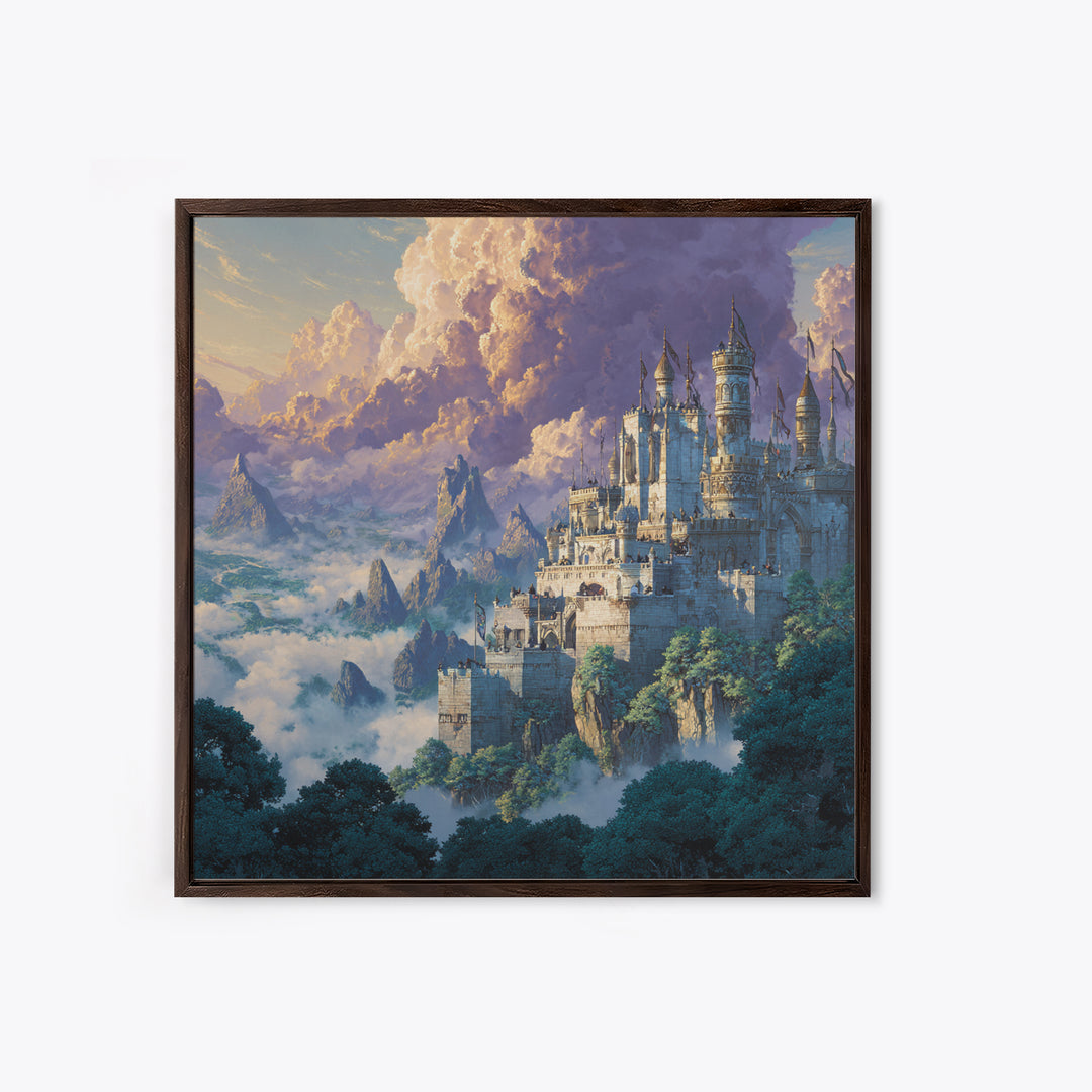 Majestic White Castle Above Clouded Mountains Wall Art, Fantasy Landscape Canvas Print, Fairytale Home Decor Gift For Her