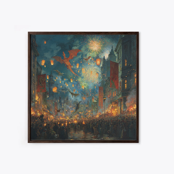 Dragon Festival Over Lantern Lit Medieval City Canvas Print, Fantasy Celebration Wall Art, Fireworks Decor, Epic Gift For Him