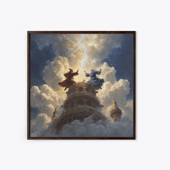Wizards Dueling Atop Tower In Storm Clouds Wall Art, Dark Fantasy Canvas Print, Lightning Magic Decor, Epic Gift For Him