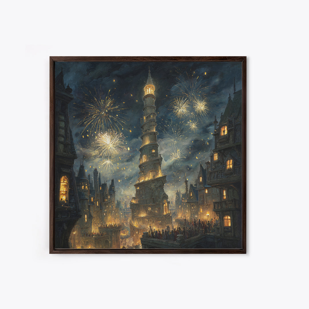 Fireworks Over Leaning Fantasy Tower Framed Canvas Print, Medieval Magical City Wall Art, Night Festival Decor, Gift For Her