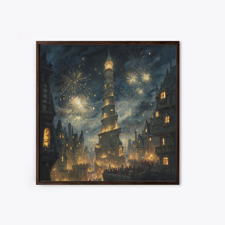 Fireworks Over Leaning Fantasy Tower Framed Canvas Print, Medieval Magical City Wall Art, Night Festival Decor, Gift For Her