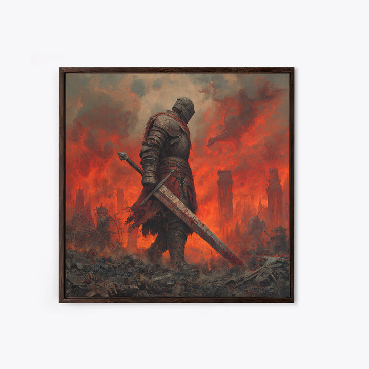 Armored Knight In Burning Battlefield Wall Art, Dark Fantasy Canvas Print, Medieval Warrior Decor, Gothic Game Room Art Print