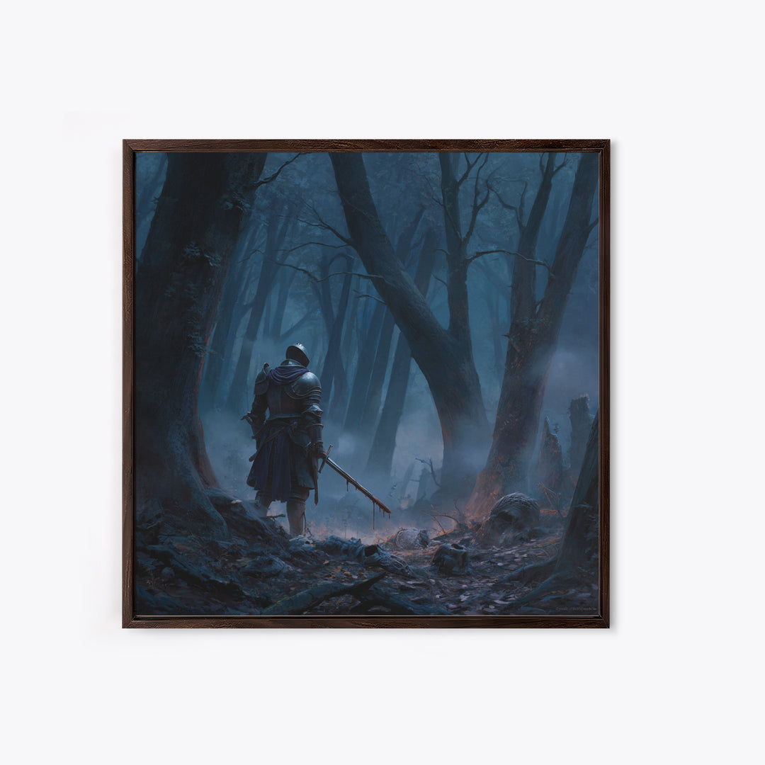 Lone Knight In Misty Blue Forest Wall Art, Dark Fantasy Canvas Print, Medieval Warrior Decor, Gothic Office Art Print Gift
